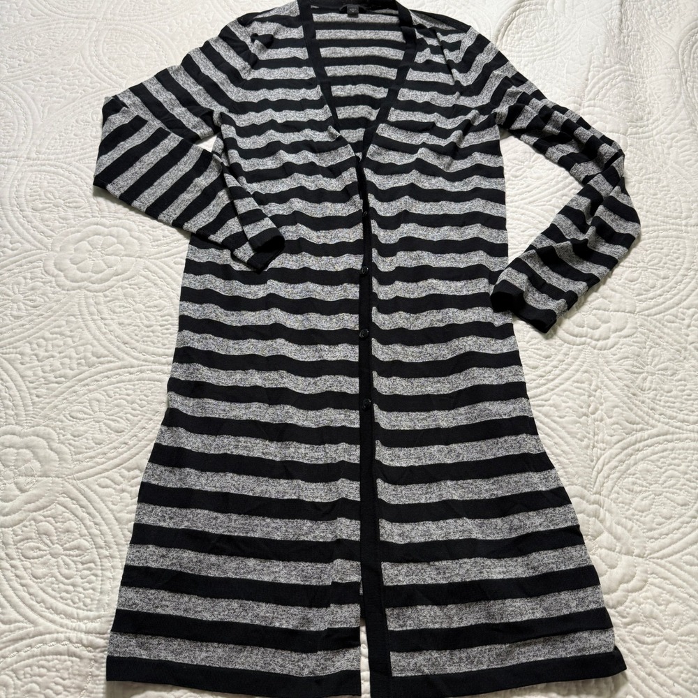 J.Jill Wearever Cardigan Wms  XS Black Grey Striped Longline Button Front Duster